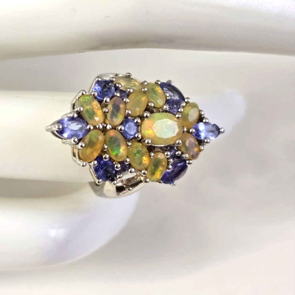 Sterling Silver 925 Opal and Tanzanite Floral Design Ring